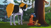 Das Flughörnchen hat sich bei einem Wettrennen verletzt. Yakari und sein Pony Kleiner Donner helfen ihm.