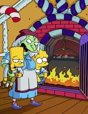 Bart (l.) und Lisa (r.) wurden von ihren Eltern ausgesetzt und sind bei der bösen Hexe (M.) im Lebkuchenhaus gelandet.