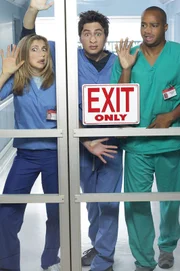 (v.li.): Sarah Chalke (Elliott Reid), Zach Braff (John ‚J.D.‘ Dorian), Donald Faison (Chris Turk).