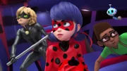 First fron left: Cat Noir, in middle: ladybug