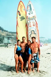 Die Neulinge posieren mit den Altmeistern! Lani (Carmen Electra, l.) und Cody (David Chokachi, 2.v.l.) nehmen bei Anna und Bobby Unterricht im Tandem-Surfen!