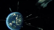 CGI image - Rockets leave planet earth.