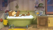 Pottwal feuert Dr. Brumm an, weiter in der Badewanne zu trainieren, um nicht einzuschlafen.