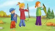 Mit dem Wind im Rücken lassen Jakob, Conni und Anna ihre Drachen steigen.
