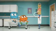 Der Arzt (re.) verkündet dem entsetzten Gumball (li) und Darwin (Mitte), dass ihre Kindheit endlich ist.