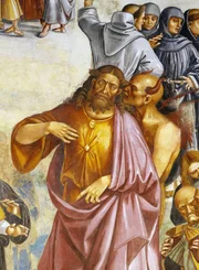 Predigt und Taten des Antichristen, Detail des Antichristen, aus dem Freskenzyklus des Jüngsten Gerichts, von Luca Signorelli, Kapelle San Brizio, rechtes Querschiff der Kathedrale von Orvieto, Orvieto, Umbrien, Italien.