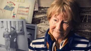 Protagonistin Elsbeth Schönrock heute, mit Jugendfoto und Kinderzeichnung aus dem Flüchtlingslager.