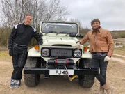 Fuzz Townshend and Tim Shaw pose with the restored Toyota FJ40 Land Cruiser.