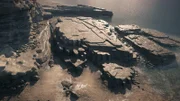 As the waters of the East China Sea drain away, the Yonaguni Monument is exposed.