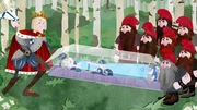 Der Prinz will das tote Schneewittchen mitnehmen, die Zwerge sehen das gar nicht gern. Der Prinz will das tote Schneewittchen mitnehmen, die Zwerge sehen das gar nicht gern.