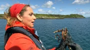 Die Gewässer rund um Schottland gehören zu den fischreichsten Europas. Die Hummer können bis zu hundert Jahre alt werden. Moderatorin Tamina Kallert mit einem Hummer, den sie wieder zurück ins Gewässer zurückgibt.