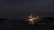 Der Flügel von Korean Airlines Flug 8509 berührt den Boden, nachdem das Flugzeug unerwartet die Kontrolle verloren hat.