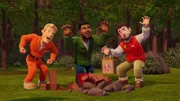 "Die Wilden Männer von Pontypandy" (Tom, Malcolm und Moose) wollen im Wald ein Lagerfeuer machem.