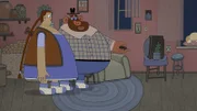 Der freundliche Förster hat Lena ein Fernsehgerät in der Stube aufgestellt und zeigt ihr, wie sie es bedienen kann.