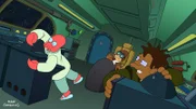 Während sie vom Mars fliehen, haben Zoidberg (l.), Professor Hubert (M.) und Hermes (r.) Probleme mit dem Minigolf-Platz im All ...