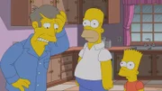 Als Rektor Skinner (l.) Bart (r.) nicht zum Schulausflug mitnimmt, will Bart sich gemeinsam mit Homer (M.) an ihm rächen. Und das mit Erfolg ...