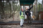 Fritz Meinecke and Wigald Boning are seen on set during the shooting for the new local production 'Wigald & Fritz - Die Geschichtsjaeger' by the German TV channel HISTORY in Pripyat, Ukraine.