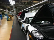 Finished 911 Porsches get a final check before they leave the factory in Zuffenhausen.