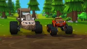 Die Monstertrucks veranstalten eine Matschparty. Auf der Suche nach ihrem Ball lernen Blaze und AJ (re.) ihren neuen Freund Schlammbart (li.) kennen, der im Wald lebt und Matsch über alles liebt. Blaze beschließt, ihn zur Matschparty mitzunehmen.