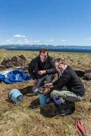Picture Shows: Dan Snow and satellite archaeologist Dr. Sarah Parcak excavating at Point Rosee, Newfoundland