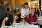 Die Erdmännchen-Detektive beim Essen mit Kommissar (Michael Kessler).