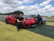 (Left) Red Lotus Elise S2 with Tim Shaw, and (right) silver Lotus Elise S1 with Fuzz Townshend