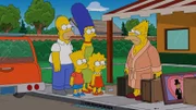Homer (l.), Marge (3.v.l.), Bart (2.v.l.) und Maggie (4.v.l.) müssen Grampa (r.) wieder einmal bei sich aufnehmen, weil das Altersheim von Springfield geschlossen wird.