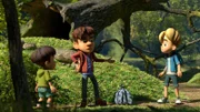 Kleiner Fuß und Raphael stellen Hase im Wald mit samt seinem Diebesgut.
