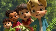 Kleiner Fuß, Lina, Bohnenstange und Raphael machen im tiefen Wald eine spannende Entdeckung.