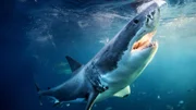 Great White Shark (Carcharodon carcharias) breaching in an attack. Hunting of a Great White Shark (Carcharodon carcharias). South Africa