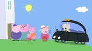 Mama Wutz, Peppa und George haben die alle Hände voller Einkaufstüten. Daher rufen sie ein Taxi von der Taxi Zentrale von Frau Mümmel.