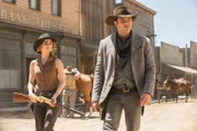 Evan Rachel Wood as Dolores Abernathy and James Marsden as Teddy Flood