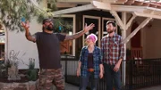 Host ANTONIO BALLATORE makes a grand gesture as homeowners SCOUT RASKIN and ROBBY DEFRAIN look on.