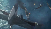 Curtiss SB2C Helldiver der US Navy greifen das japanische Schlachtschiff Yamato an (CGI-Animation).