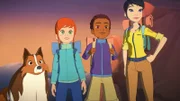 Zoé, Harvey, Tante Kim und Lassie sind am Ziel ihrer Wandertour angekommen und genießen den Sonnenuntergang.