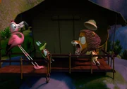 Lionel, der Löwe, soll im Gruselfilm das Gruselmonster spielen. Damit er auch richtig schön gruselig rüberkommt, üben Zacki und Flora, die Flamingo-Teenagerin, mit Lionel laut und kräftig zu brüllen.