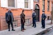LAW & ORDER -- "Fear and Loathing" Episode 22015 -- Pictured: (l-r) Mehcad Brooks as Det. Jalen Shaw, Jeffrey Donovan as Det. Frank Cosgrove, Justin Gentry as Officer Wagner, James M. Reilly as Officer Farley.