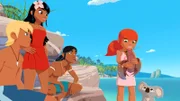 Marina (2.v.r.) hat am Strand einen Hummer gefunden und zu ihrem neuen Freund erklärt. Yann (l.), Timeti (2.v.r.), Auru (3.v.r.) versuchen sie davon zu überzeugen, dass sie den Hummer wieder ins Meer entlässt.