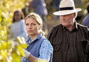 Claudia (Susanne Michel) beobachtet mit Eifersucht die Ankunft von Petra bei Thomas im Weingarten. Großwinzer Gottfreid Schnell (Wolfgang Hübsch).