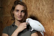 Alice Auersperg & a cockatoo preparing to demonstrate the cockatoo’s skills