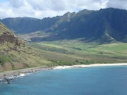 The coastline of the Island of Oahu, Hawaii as it might have looked to Japanese pilots on December 7, 1941.