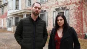 Hosts Nick Groff and Katrina Weidman stand outside of White Hill Mansion