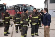 CHICAGO FIRE -- "Change of Plans" Episode 1121 -- Pictured: (l-r) Jake Lockett as Carver, Christian Stolte as Randy ìMouchî McHolland, Miranda Rae Mayo as Stella Kidd, Joe Minoso as Cruz, Randy Flagler as CAPP, Hanako Greensmith as Violet, Brian Plocharczyk as Wade