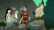 Die Reise im Fantasieland macht Amy (l.), Professor Hubert (2.v.r.), Bender (2.v.l.) und vor allem Fry (r.) gewaltig zu schaffen ...