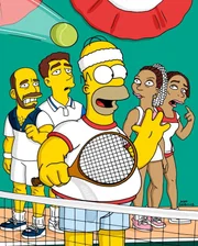 Auf dem Tennisplatz geht Homer (M.) den Tennisprofis Pete Sampras (2.v.l.), Andre Agassi (l.) und den Williams-Schwestern gewaltig auf die Nerven.