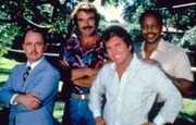 "Magnum": Gruppenbild der Besetzung: John Hillerman als Higgins, Tom Selleck als Thomas Magnum, Larry Manetti als Orville "Rick" Wright, Roger E. Mosley als TC
