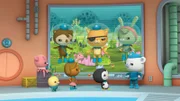 (v.li.,hi.) Sebastian, Kwasi und Trixie melden dem Oktopod einen aufkommenden Sturm.