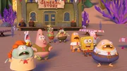 L to R Bill Fagerbakke as the voice of Patrick Star, Dee Bradley Baker as the voice of Kevin C. Cucumber, Carlos Alazraqui as the voice of Harvey and Tom Kenny as the voice of SpongeBob Square Pants in KAMP KORAL: SPONGEBOB’S UNDER YEARS. Photo credit: Nickelodeon/Paramount+ © 2024, All Rights Reserved.