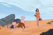 Lebornec (li.) und der General (Mi.) werden am Strand von einer reizenden jungen Dame überrascht, die sich auch noch genau neben ihnen niederlässt.