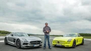 Jeremy Clarkson mit einem Mercedes SLS Black und SLS Electric auf der Top Gear Teststrecke.